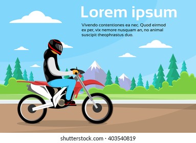 Man Ride Off Road Motor Bike, Sport Motocycle Over Nature Mountain Background Flat Vector Illustration