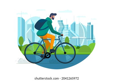 Man ride on bike in city public park. Urban outdoor eco-friendly transport concept. Young person sharing bicycle. Active weekend life recreation on street. Guy vehicles riding vector illustration