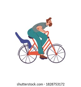 Man ride on red bike with child bike seat 