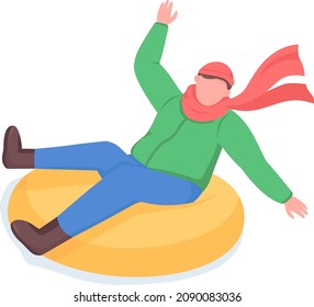 Man ride on tube sleigh semi flat color vector character. Dynamic figure. Full body person on white. Winter activity isolated modern cartoon style illustration for graphic design and animation