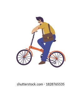hombre en el trabajo en bicicleta plegable