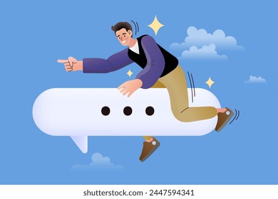 el hombre monta la burbuja de discurso apuntando al objetivo. Comunicación eficaz, líder empresarial inteligente comunicar idea, enviar mensaje. metáfora para una buena coordinación. Ilustración vectorial.