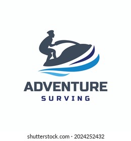 Man ride speed boat .adventure surfing in sea,vector logo design