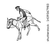 Man Rider in national clothes. Greek on horse or donkey. Symbol of ancient Greece. Hand drawn engraved vintage sketch for poster, banner or website.