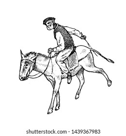 Man Rider in national clothes. Greek on horse or donkey. Symbol of ancient Greece. Hand drawn engraved vintage sketch for poster, banner or website.