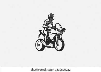 Man rider on superbike motorcycle silhouette hand drawn ink stamp vector illustration. Male wearing racing suit and helmet ride on motorbike emblem grunge texture effect for poster or label decoration