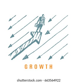 A man rides a bicycle up the arrow. Vector business concept illustration. Flat hand drawn sketch. Lettering success.