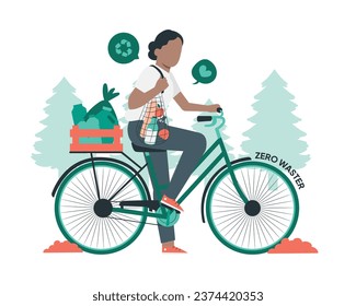 A man rides bicycle and caries recyclable for sustainability practice and environment friendly practices conceptual design vector illustration