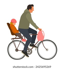 Hombre monta una bicicleta con el niño en el asiento del bebé estilo plano ilustración vectorial