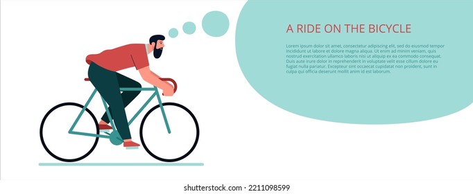 Man rides a bicycle. For the design of the site or printed products. Flat vector banner template. Space provided for text. Cartoon character.