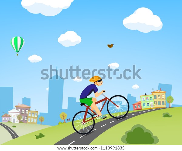 Man Rides Bicycle Down Street Healthy 스톡 벡터(로열티 프리) 1110991835