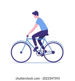 A man rides a bicycle. Flat colored vector illustration. Isolated on white background. 