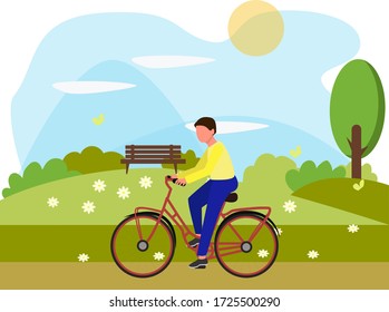 Un hombre monta una bicicleta. El tipo de la naturaleza en el Parque. Concepto de recreación al aire libre. Ilustración plana corta
