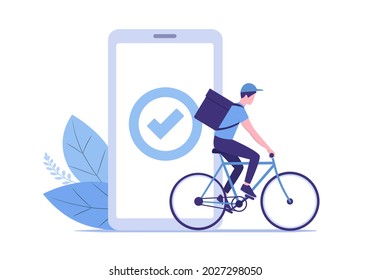 A man rides a bicycle. Home delivery. Online shopping. Courier service. Flat colored vector illustration. Isolated on white background. 