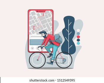 a man rides a bicycle looking for directions using Google maps