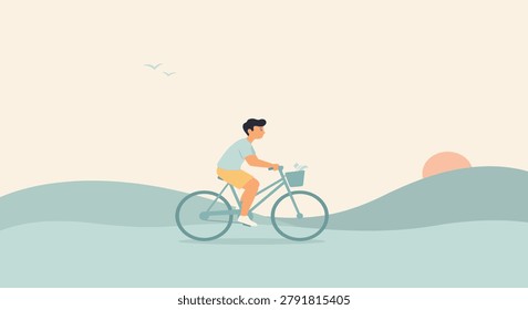A man rides a bicycle on a hill during sunset with birds flying overhead in a serene landscape