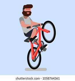 Man rides a bicycle on one wheel