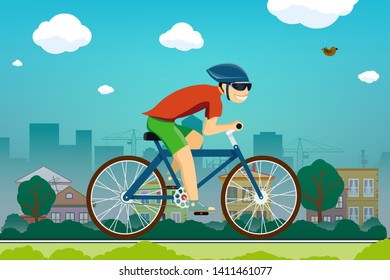 Man rides a bicycle on the road in the suburbs. Vector flat graphics