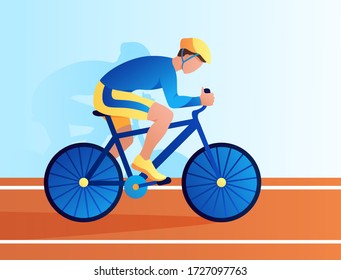 un hombre monta una bicicleta en la pista en equipo completo.  Competencia, campeonato, victoria. Ciclismo en la ciudad, recreación, transporte. Ilustración vectorial.
