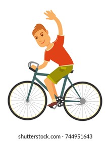 Man rides bicycle with one hand isolated illustration