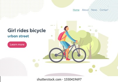 Man rides bicycle in the park on background city buildings, with bluetooth headset in ear in bright summer sunny weather. Active lifestyle sports athletics. Bike ride in the park vector