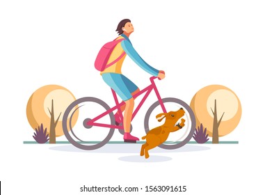 Man rides bicycle in the park on background city buildings summer sunny weather walking the dog. Active lifestyle sports athletics. Bike ride in the park cartoon vector illustration