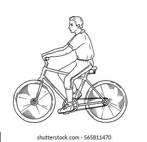man rides a bicycle ride, vector line drawing illustration 