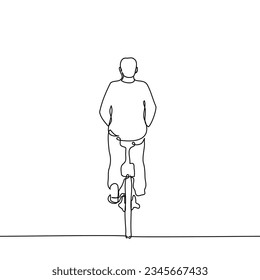 man rides a bicycle, view from the back - one line art vector. concept cycling