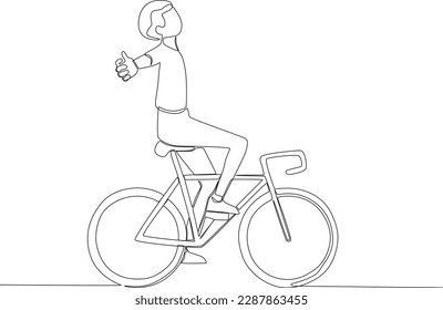 Un hombre monta una bicicleta mientras estira los brazos. Dibujo de una línea del día mundial de la bicicleta