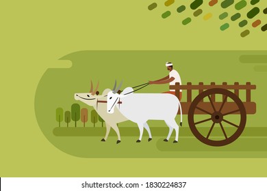 A man rides a bullock cart in rural India