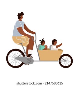 Man rides a cargo cycle or bakfiets bike, his children in the cart. Traditional transport in Netherlands for outdoor family pastime, or riding with pets or heavy shopping bags. Vector illustration.