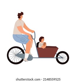 Man rides a cargo cycle or bakfiets bike, his son in the cart. Traditional transport in Netherlands for outdoor family pastime, or riding with pets or heavy shopping bags. Vector illustration.