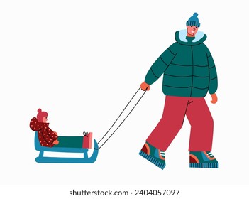 Man rides  child on  sled. Father rides his daughter on sleigh in snow. We spend time together actively and fun. Winter entertainment. Vector illustration in flat style isolated.