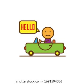 man rides in a convertible and says hello, simple vector illustration