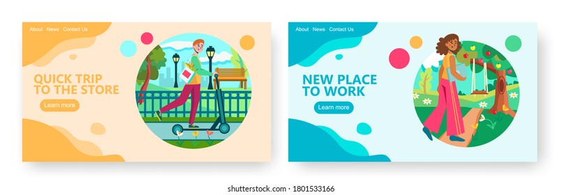 Man rides electric scooter to grocery store. Woman makes workplace on a swing in a park. Concept illustration. Vector web site design template