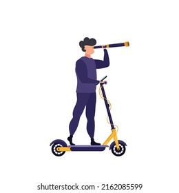 Un hombre monta una motocicleta eléctrica y mira a través de un telescopio. Motocicleta eléctrica urbana. Ilustración vectorial para el diseño web. Aislado sobre fondo blanco