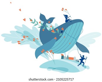 Man rides his beloved woman on flying whale. Valentines day card. Love concept, love story. Vector illustration