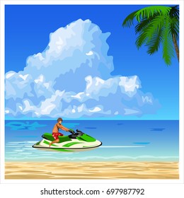 A man rides his jet ski through the sea along tropical beach. Flat design. Vector illustration.
