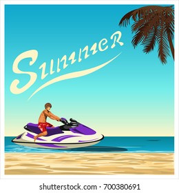 A man rides his jet ski through the sea along tropical beach. Flat design. Vector illustration.
