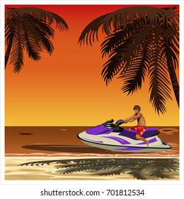 A man rides his jet ski along a tropical beach at sunset. Flat design. Vector illustration.