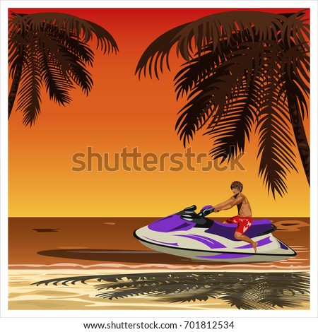A man rides his jet ski along a tropical beach at sunset. Flat design. Vector illustration.