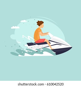 Man rides a jet ski. Isolated. World Travel. Planning summer vacations. Extreme sport. Flat design vector illustrations.