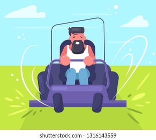 Man rides a lawn mower Vector. Cartoon. Isolated art