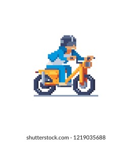 Man rides a moped, motorcyclist male character pixel art style, man character riding motorcycle. Speed ebike racing. Concept of sport life, bikers. Design for logo, sticker, app.Isolated illustration.