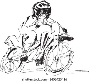 Man rides a motorcycle in a helmet. Black and white illustration.