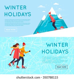 Man rides from mountain on skis, a pair of skates. Winter landscape, winter fun, winter vacation, winter sports, outdoors. New year. Flat design vector illustration.