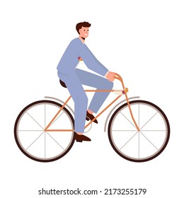 A man rides on a bicycle isolated on the white background. Vector illustration