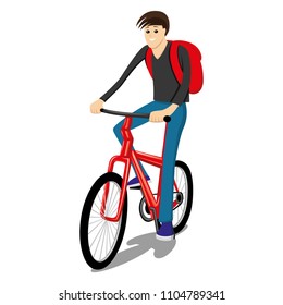 Man rides on a red bicycle on a white background.