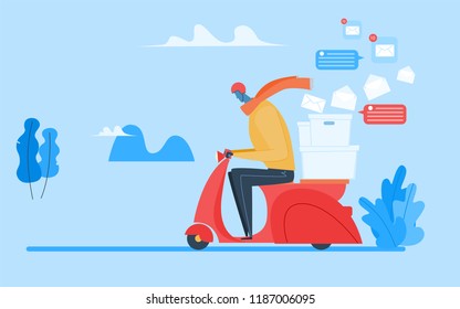 The man rides on scooter with parcel. Vector modern flat cartoon character illustration design. 