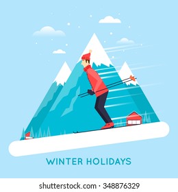 Man rides on the ski mountain. Flat style vector illustration